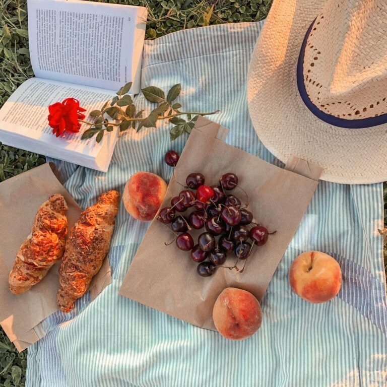 Closeup photo of a picnic blanket with assorted foods and a book.